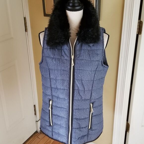 BLUE DENIM COLORED VEST W/ FAUX FUR - Picture 1 of 5
